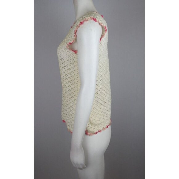 VINTAGE 1960s 1970s WOMEN'S CREAM CROCHET DOILIES STYLE PULLOVER SWEATER - S - Picture 4 of 6
